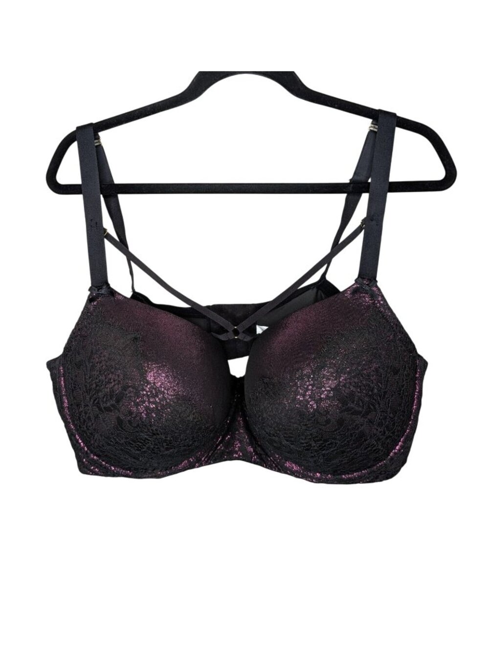 Cacique by Lane Bryant Strappy Boost Balconette Bra 44DDD Black Purple metallic